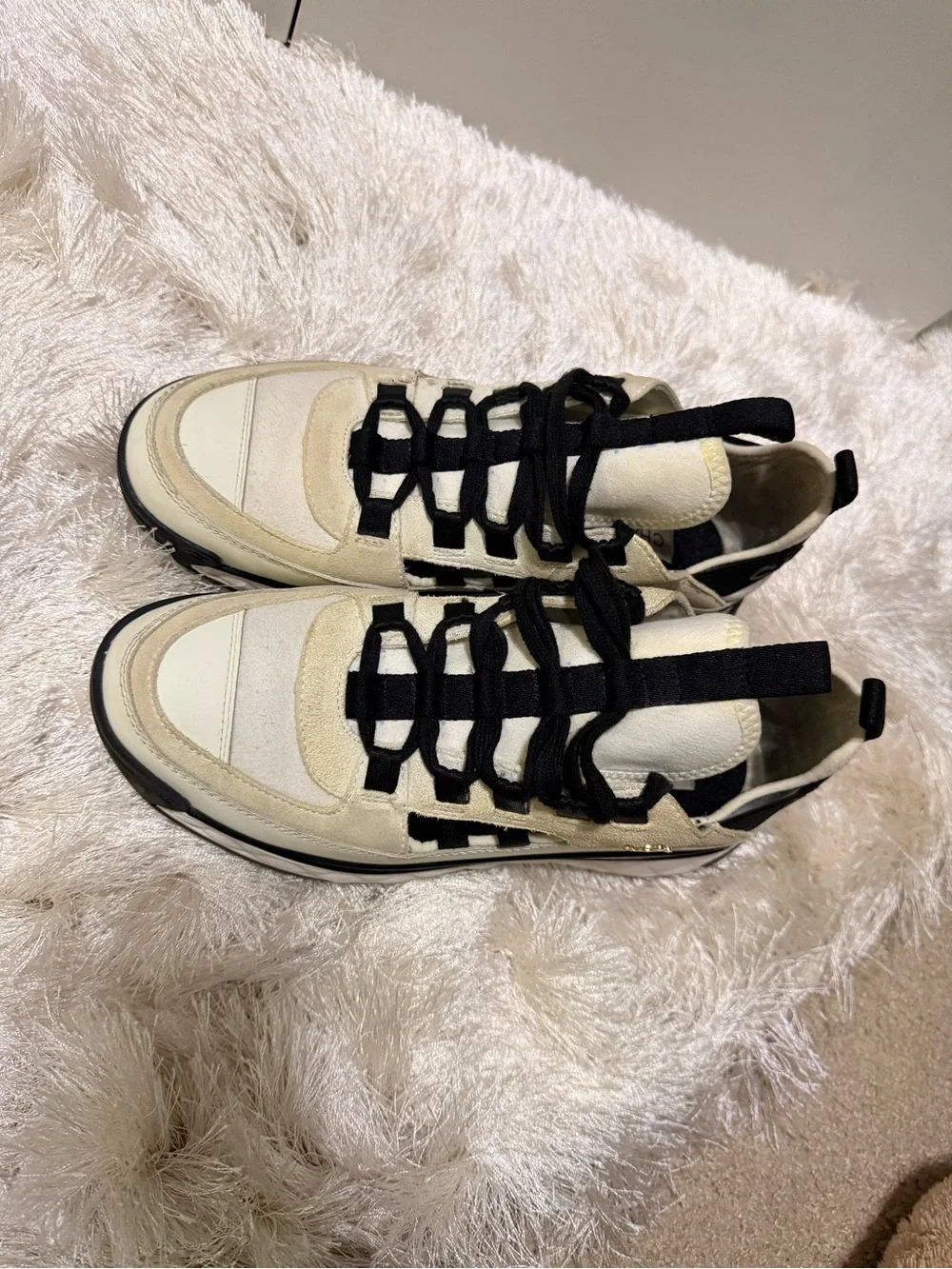 AUTHENTIC CHANEL Cream and Black Low-Top Sneakers with Gold Logo